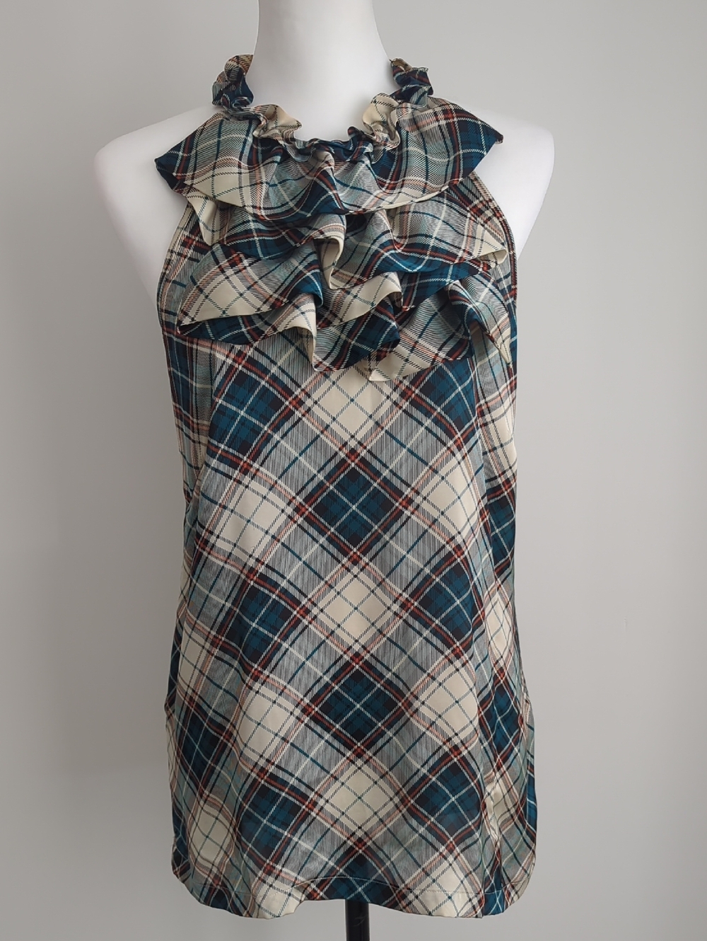 Retro Romantic Plaid Ruffled Halter Camisole - Teal & Cream Plaid